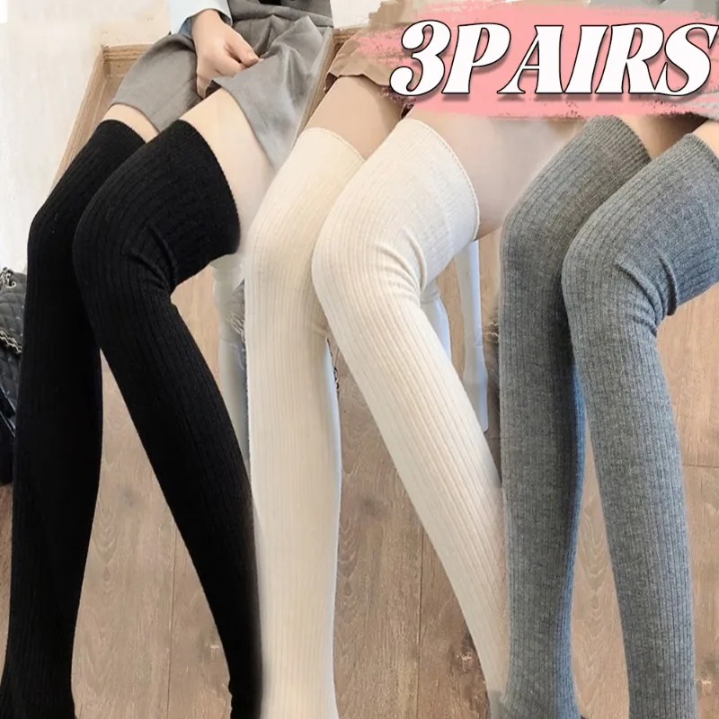 Wool Socks Woman Autumn/Winter Solid Color Thigh High Medias Lolita Thick Warm Stockings Black White Female Long Leg Socks