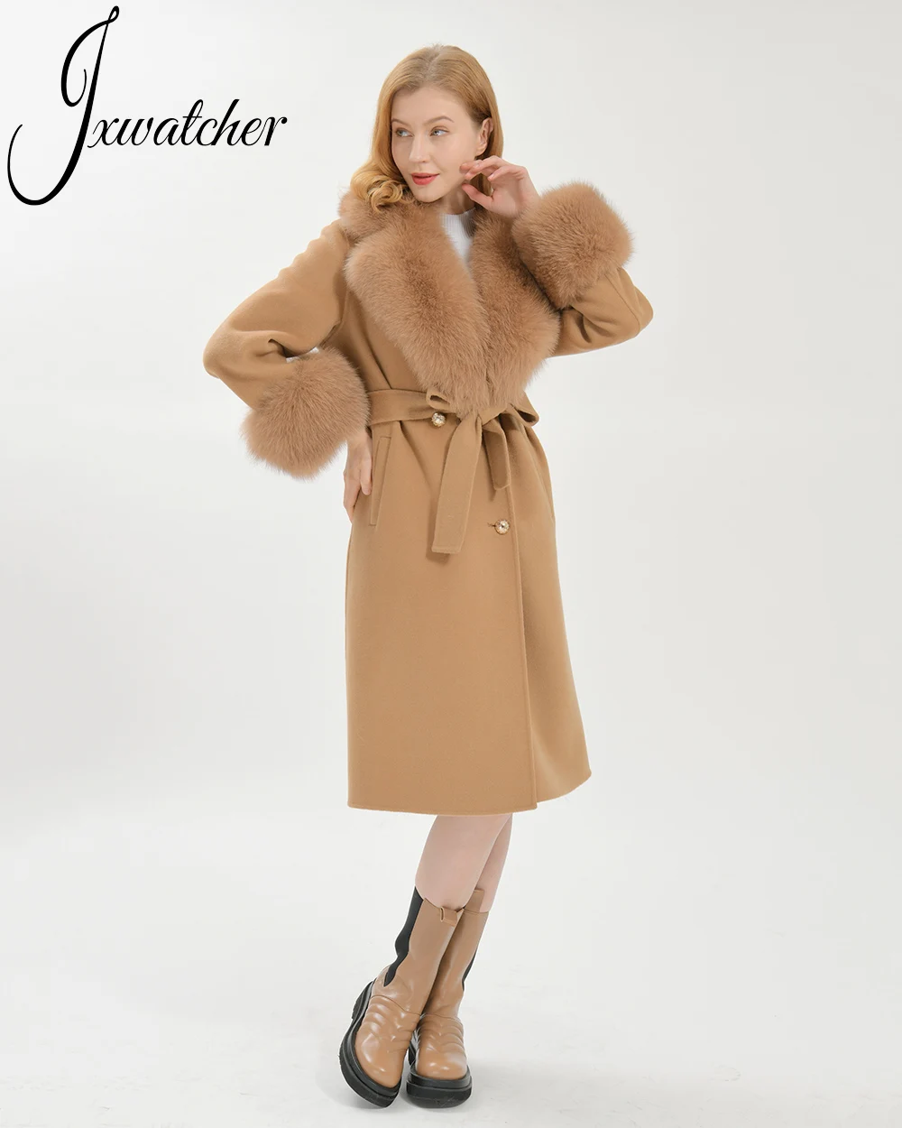 Jxwatcher Women's Double Faced Cashmere Wool Coat Luxury Big Real Fox Fur Collar Long Coat Ladies Fall Winther New In Outerwear