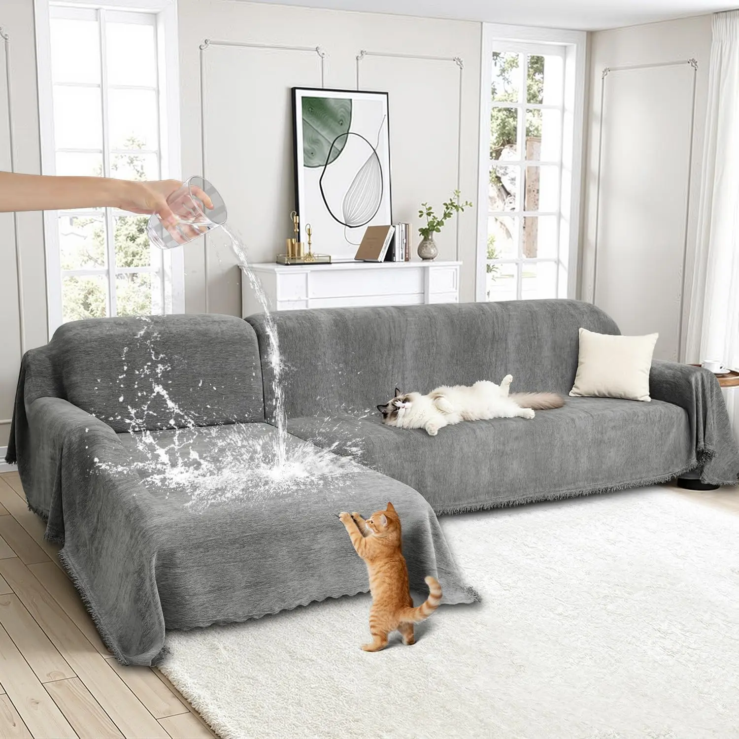 2 piece L shape sofa cover waterproof chenille for dogs pets washable ash gray XX large