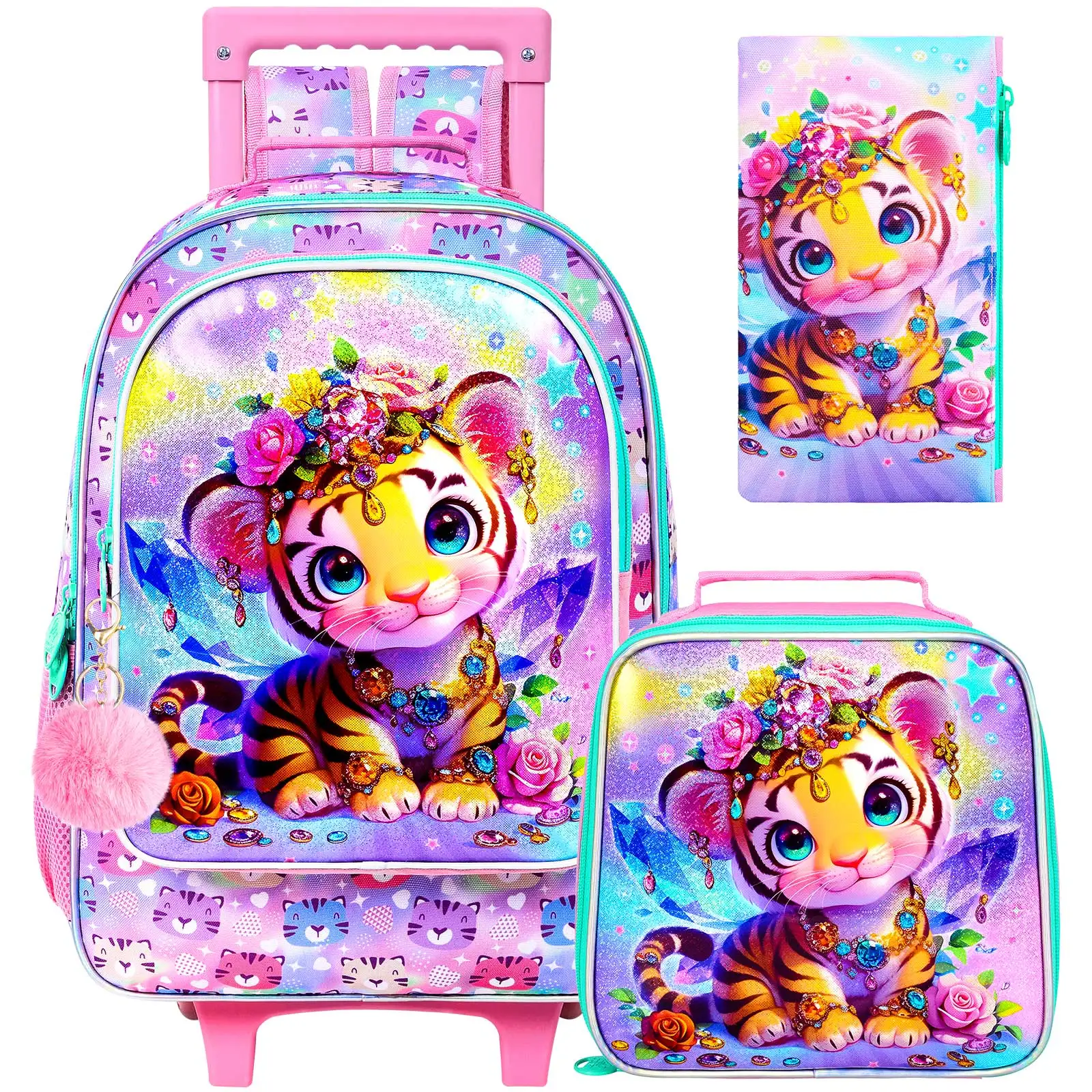 

3PCS Rolling Backpack for Girls, Kids Roller Wheels Bookbag, Wheeled School Bag with Lunch Bag Yellow tiger