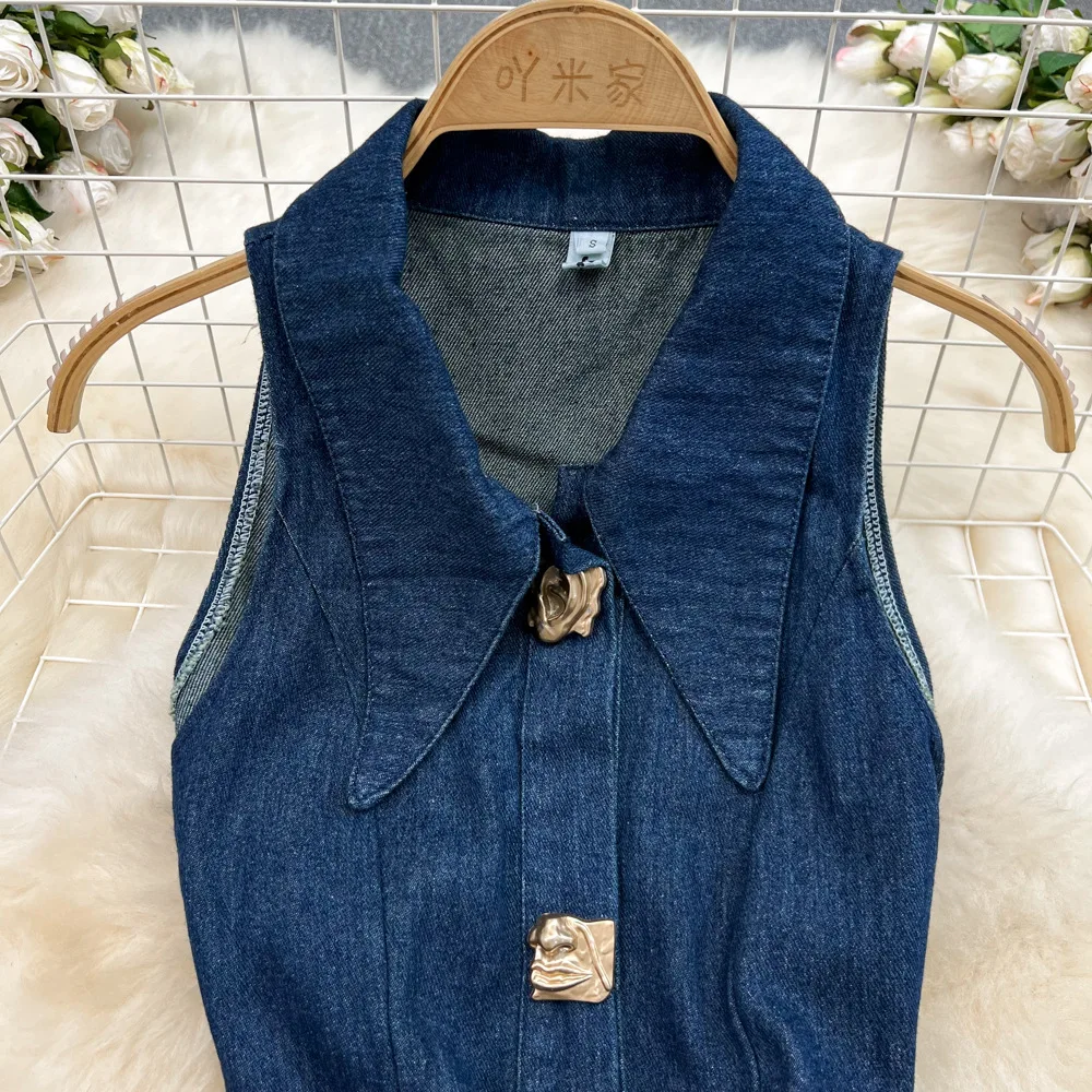 Denim Dress Women Long Dresses High Waist A Line Vestidos Turn Down Collar Sleeveless Elegant Y2k Streetwear Mom Jeans Slim 2025 - Image 5