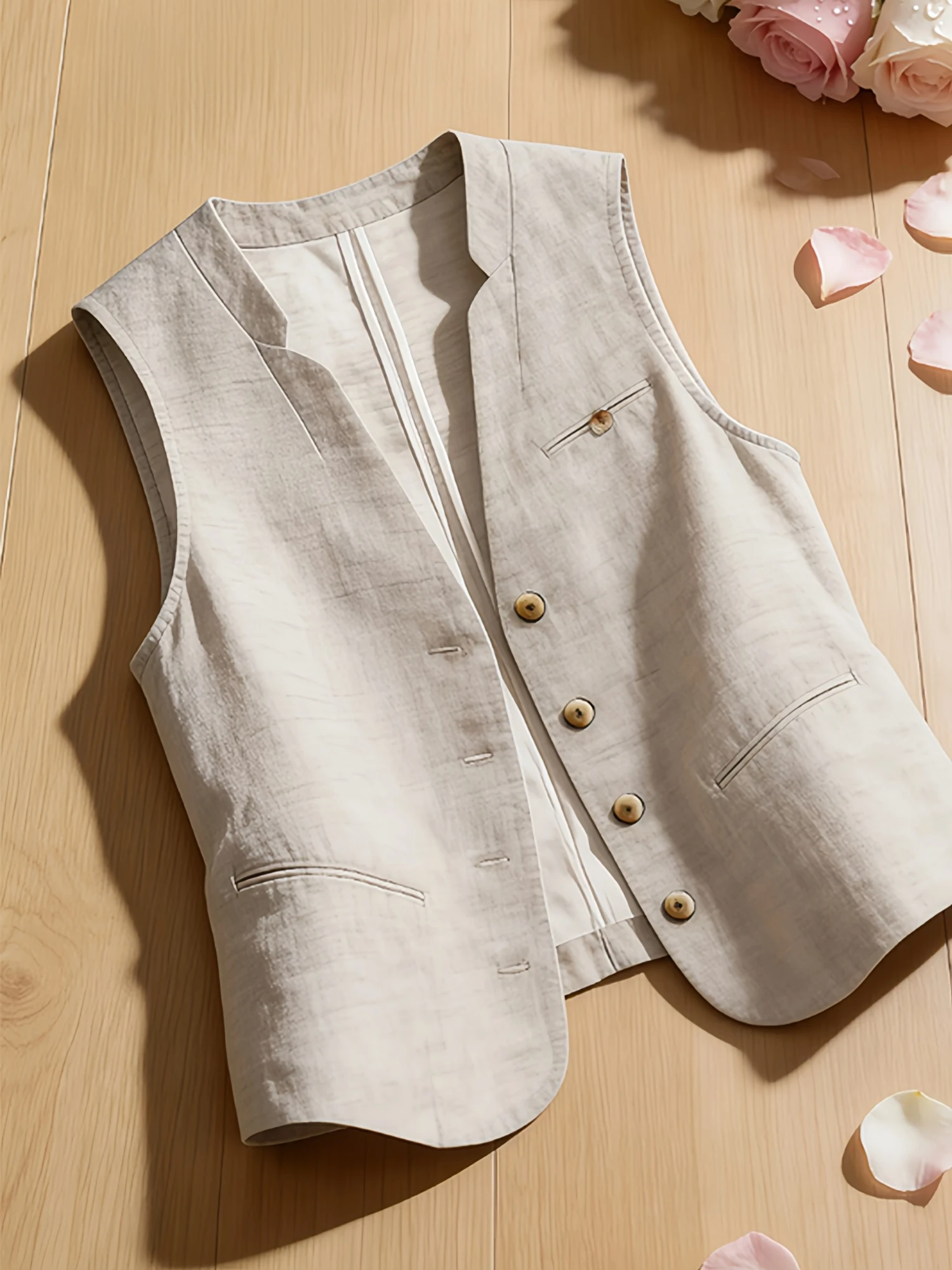 Chic Lightweight Cotton Linen V-Neck  Jacket Women's Fashionable Summer New Style Button up Inner Wear Casual Commute