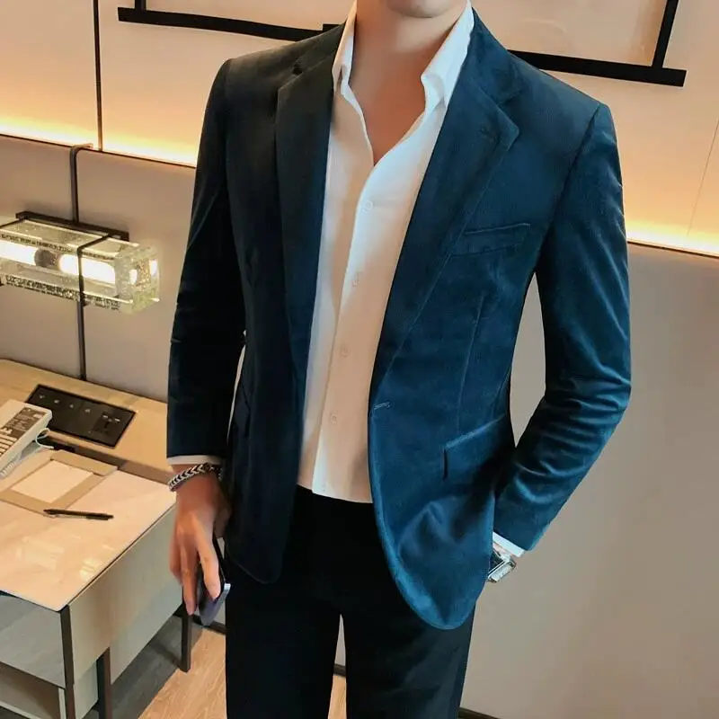 2023 Autumn Velvet Blazers Jacket Solid Color Casual Slim Fit Business Suit Coat High Quality Fashion Men Wedding Social Tuxedo