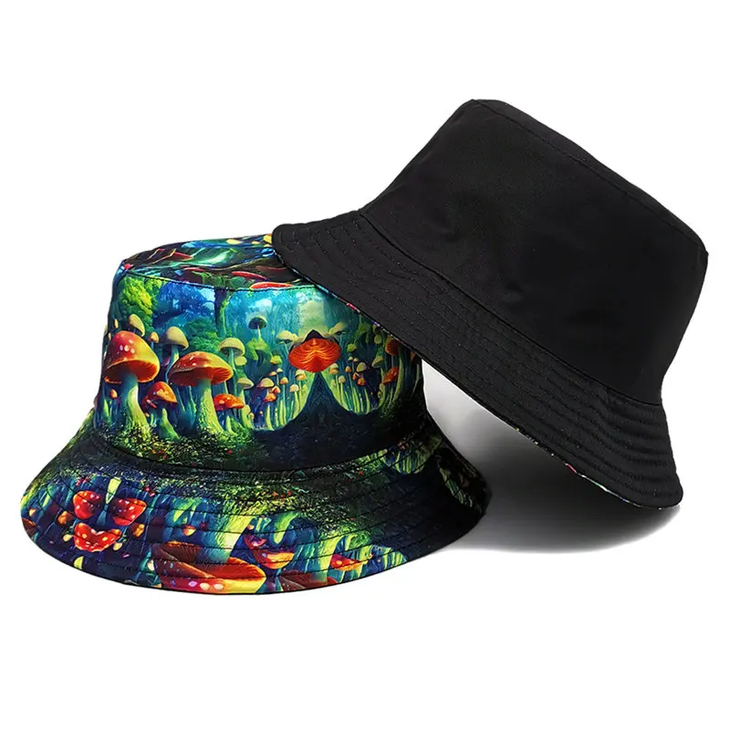 2024 Four Seasons Cotton Cartoon Mushroom Print Bucket Hat Fisherman Hat Outdoor Travel Sun Cap for Men and Women 279