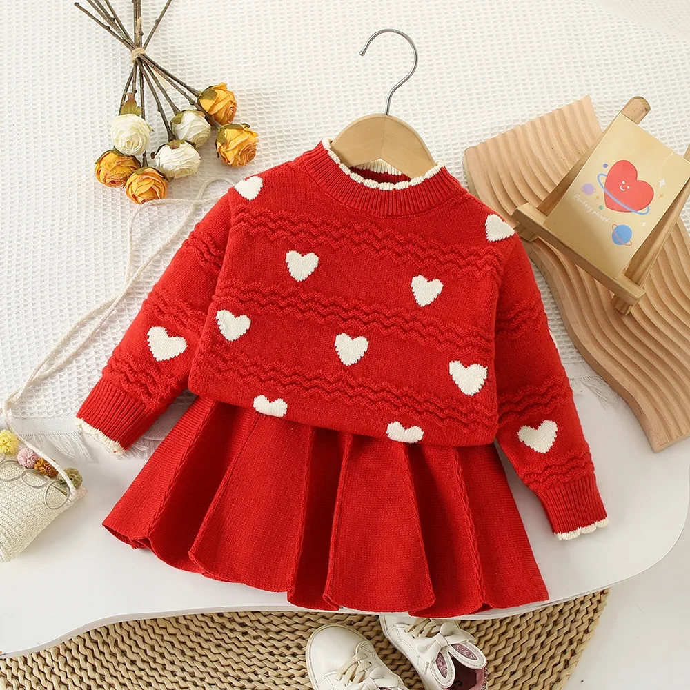 Girls\' Two-piece Sweater Set Full of Love Wave Pattern Sweater+Knit Pleated Skirt Kids Clothes Girls Sweater  Girl Cardigan Kids