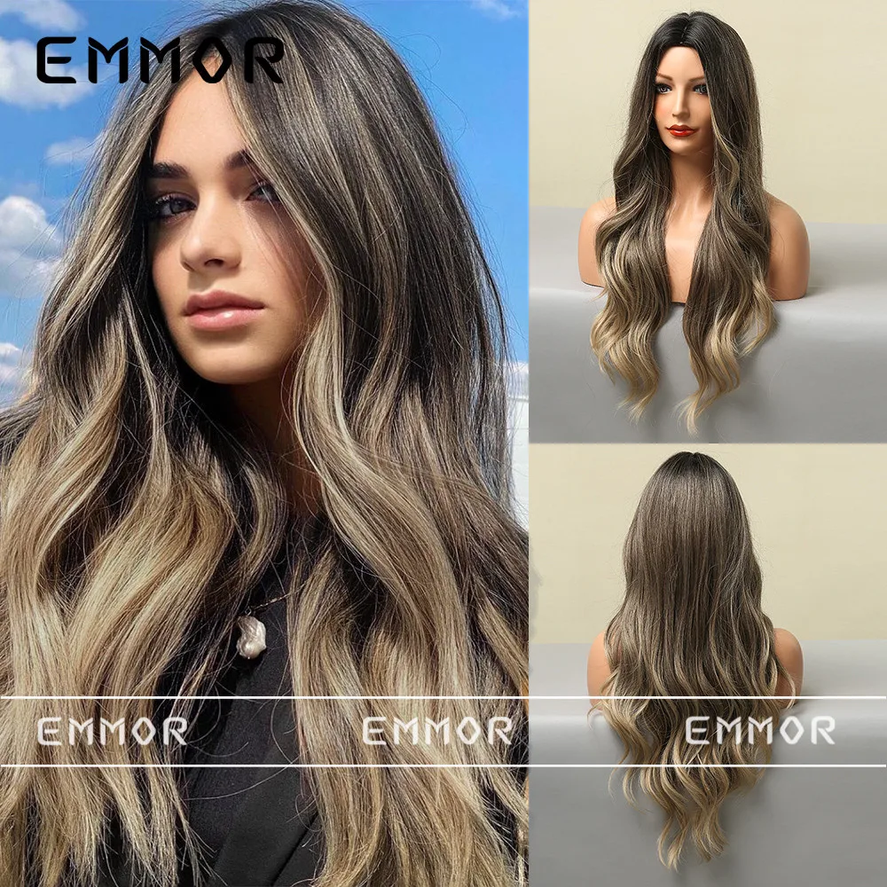 European American Fashion Women Full Wig, Middle Part Gradient Dark Brown Long Big Wavy Curly Wig, Easy To Style