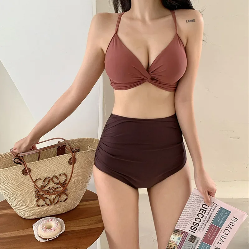 

New High Waisted Bikinis Two Pieces Swimsuit Women Swimwear Korean Padded Beach Wear Swimming Sports Bathing Suits Red Brown