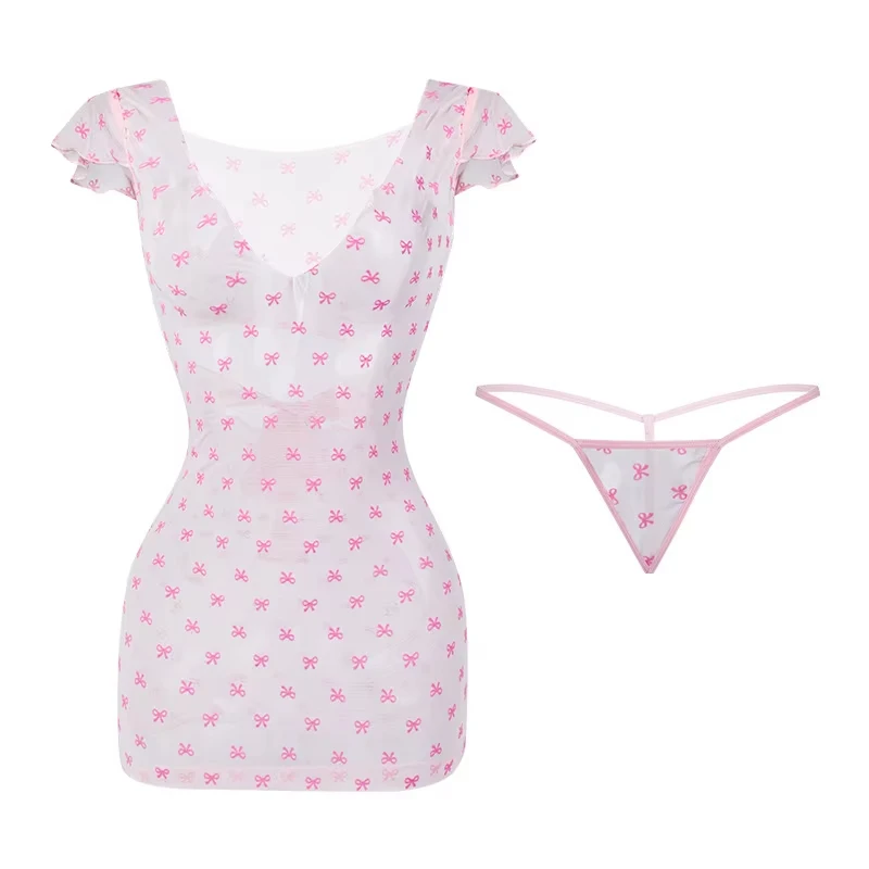 مثير الرغبة النقية منامة عميق الخامس منظور جوفاء الوردي القوس الحمالة باس النوم متعة تاريخ فستان فتاة ساخنة