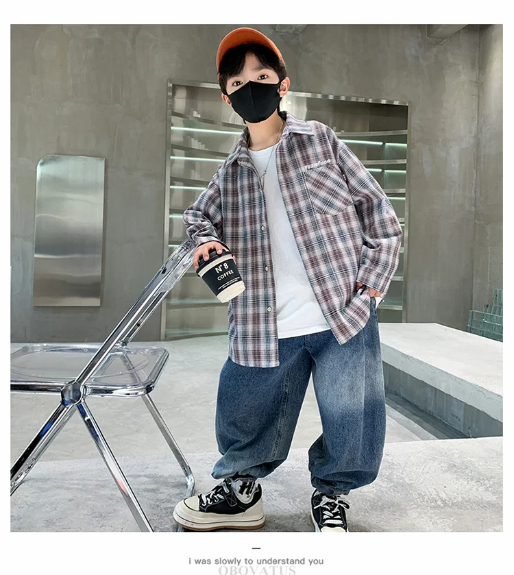 Frühlings-Herbst-Jungenhemd mit Karomuster und Tasche, Langarm, Koreanischer Casual-Stil, Baumwollbluse für größere Kinder, Coole Streetwear für Kinder – Detail 11