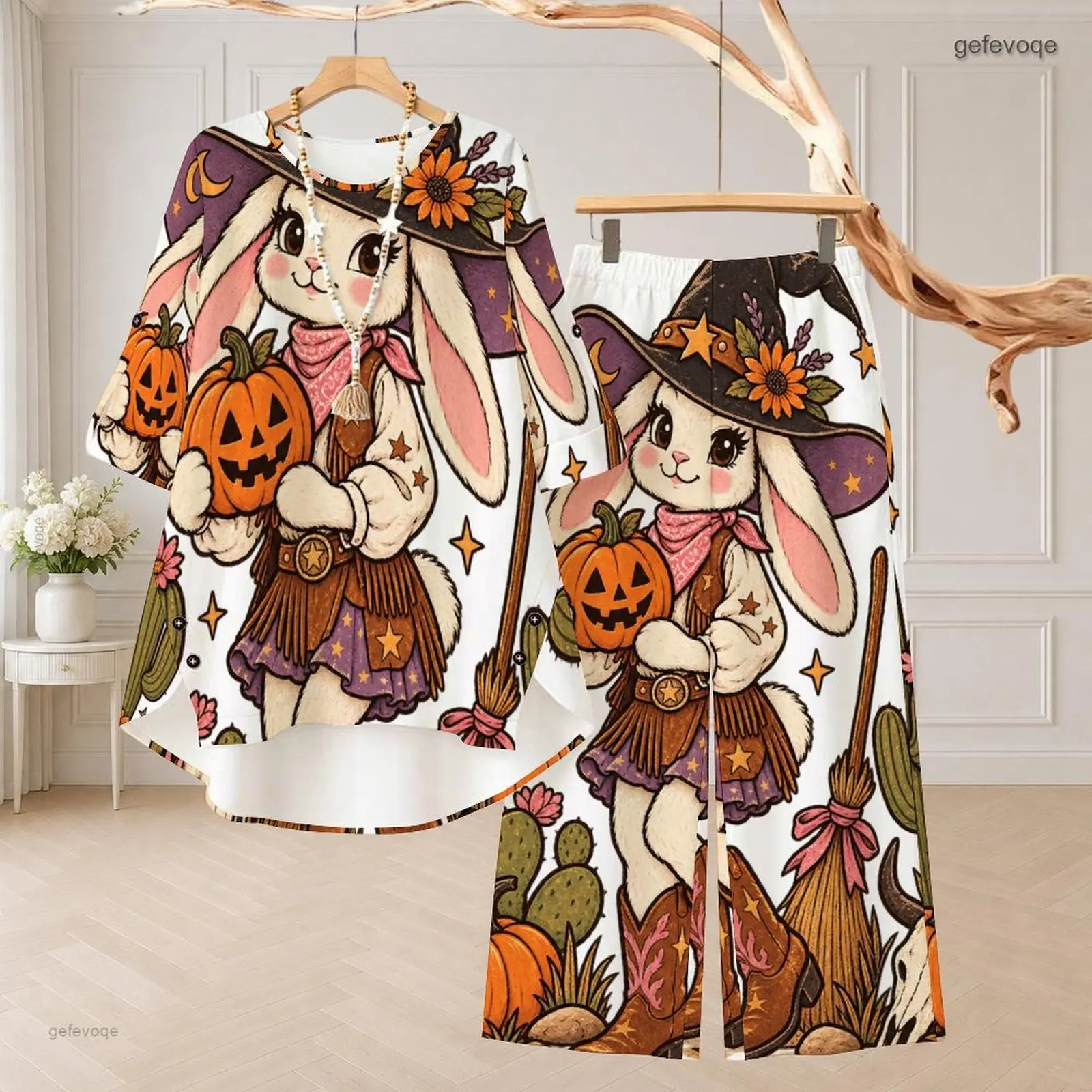 Women Cartoon Ghost Pumpkin Bat Printed Round Neck 3/4 Sleeve High Low Top Wide Leg Pants Two Piece Set