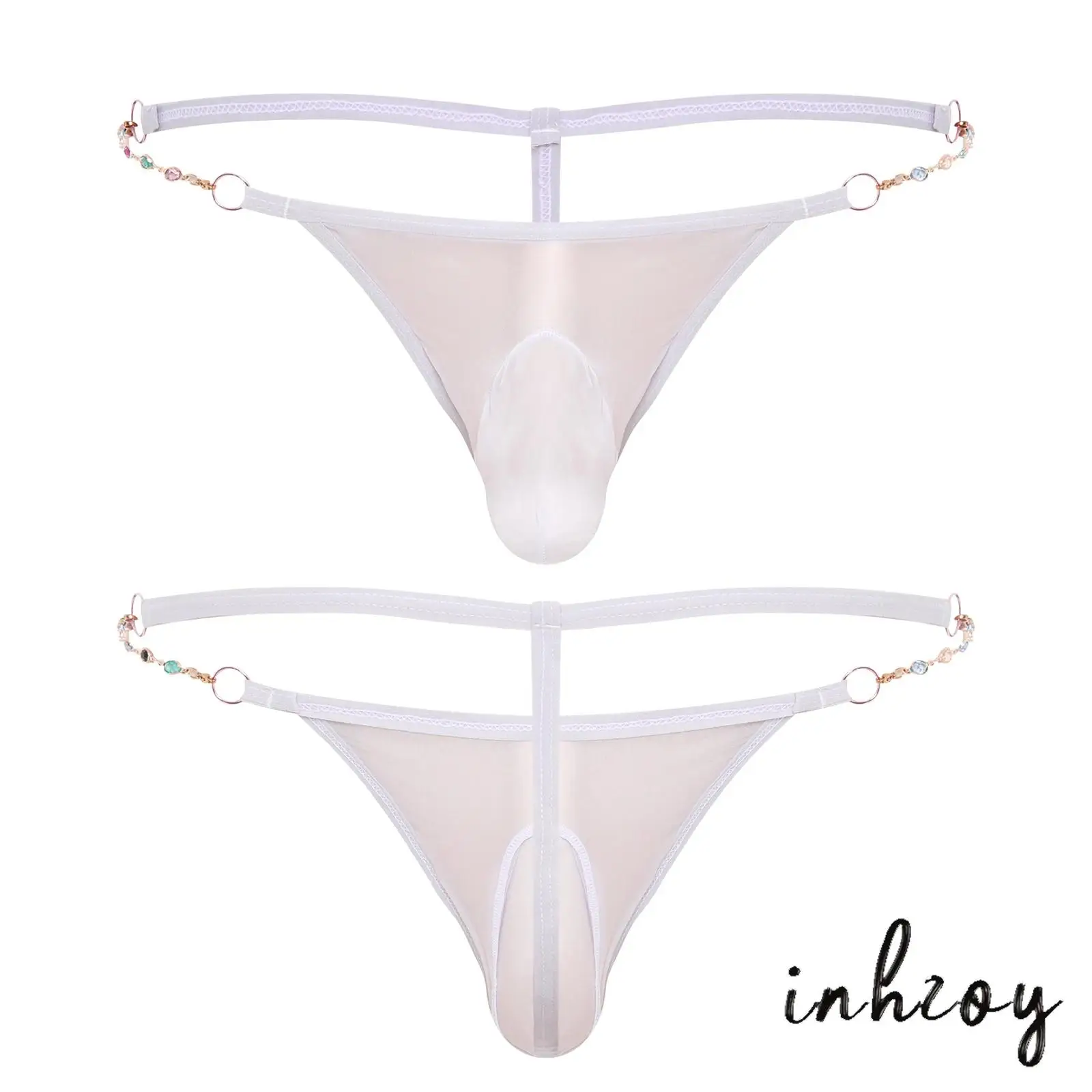 

Sexy Mens Crystal Chain T-back Thong Bulge Pouch Mesh Crotch G-string Bikini Gay Briefs See Through Underwear Sissy Lingerie