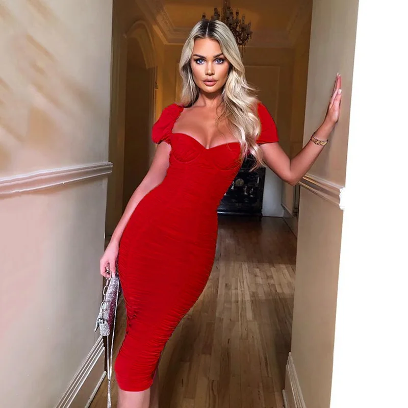 

Women's Autumn Hot-Selling Sexy Chest-Enhancing Temptation Solid Color Puff Off-Shoulder Bodycon Dress
