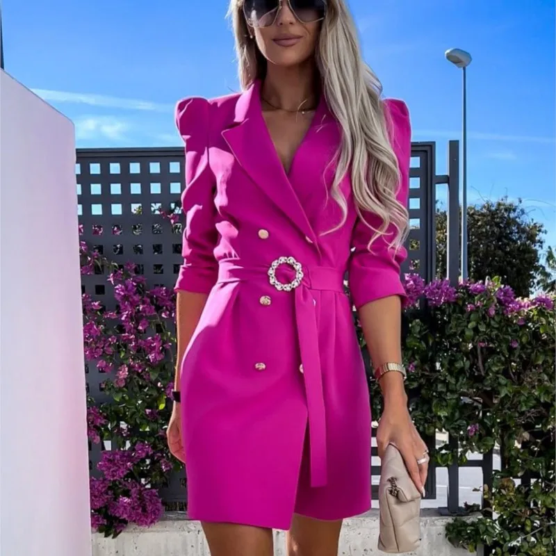 Fashionable Women\'s New Suit Jacket Dress With Double Breasted Buttons And Belt V-neck A-line Skirt Solid Color Office Women