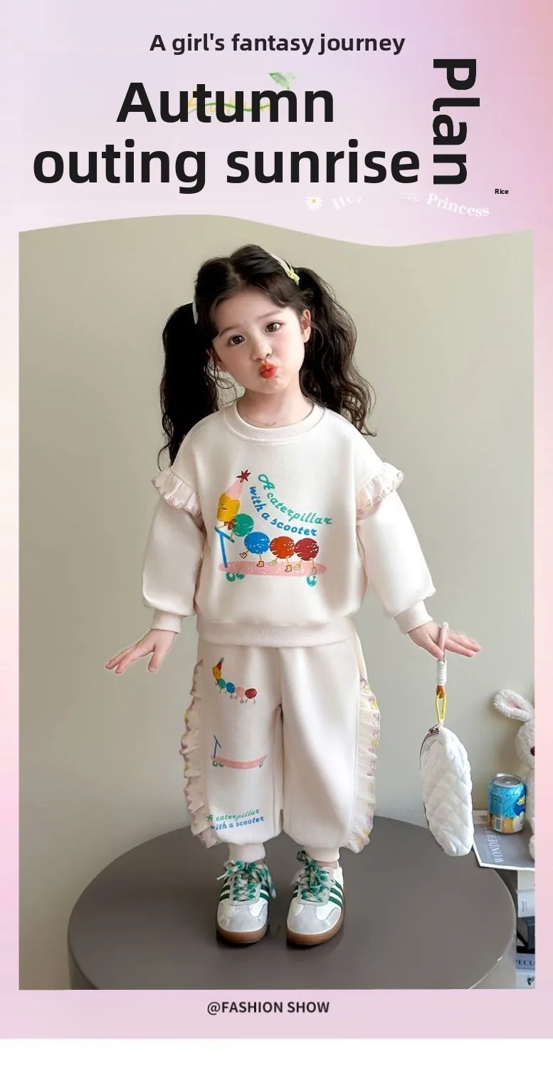 1-8 Jahre Kinder Mädchen Beige Hosen-Sets Cartoon-Muster Langarm Lose Geraffte Pullover-Hoodies + Elastische Taille Weite Hosen 2-teilige Sets – Detail 3