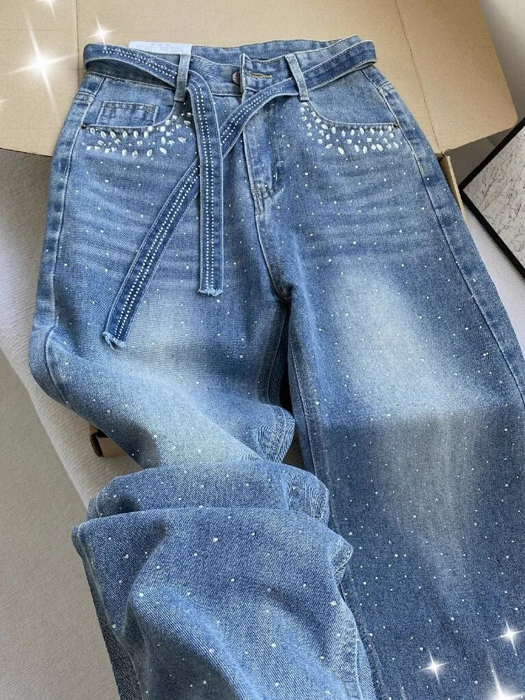 

Fashion Shiny Rhinestone Jeans Autumn Winter Women's Drawstring Wide Leg Denim Pants High Waisted Versatile Straight Leg Trouser