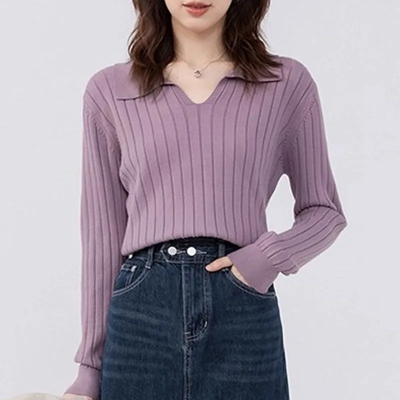 

Sweaters Turn Down Collar Knitted Sweater Women Pullovers New Long Sleeve Knit Sweater Pullover Women Tops Sueter Feminino Q2391