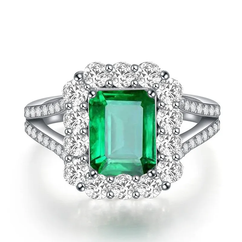 High-End Elegant Inlaid Zircon Emerald Rectangular Colored Gemstone Open for Women Fashion Adjustable Ring Jewelry