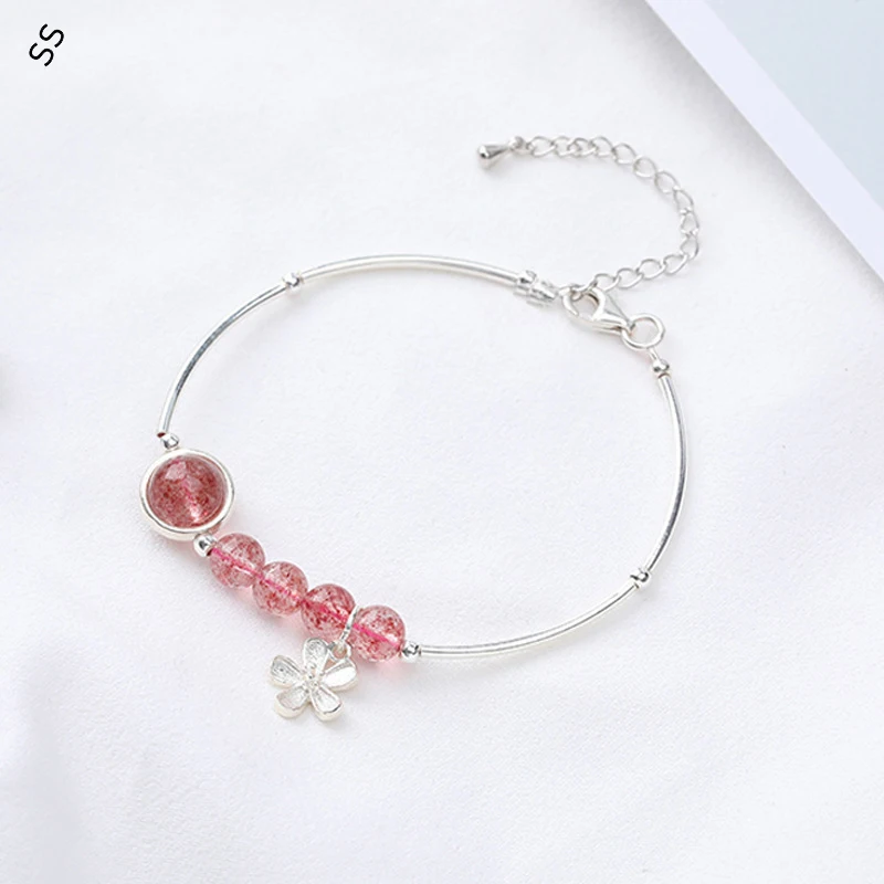 Ladies Hand Charms Jewelry Accessories with Strawberry Crystal Beads Decoration Flower Pendant S925 Silver Adjustable Bracelets