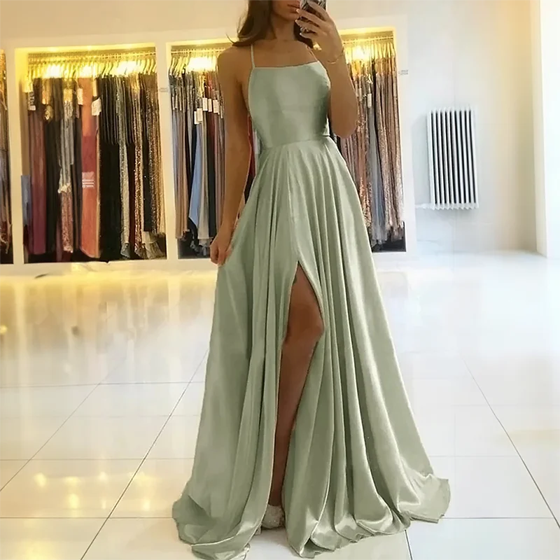 

BLUE Prom Dresses Draped Satin Lace-up Open Back Evening Gown Spaghetti Straps High Slit Floor-length Vestido De Noche for Women