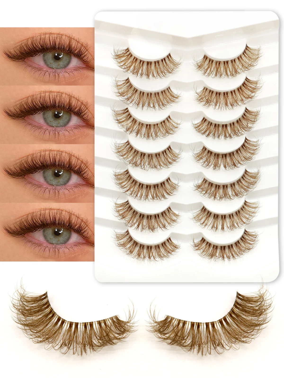 Veltrinay Braune Wimpern Wispy Fluffy Falsche Wimpern Katzenaugenwimpern Braune Wimpern Klares Band D-Curly Fake Wimpern Make-up – Detail 7