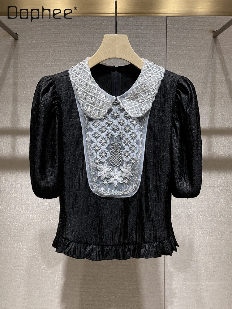 

High Sense Heavy Industry Bead Doll Collar Bubble Sleeve Short Shirt Women 2025 Summer New French Sweet Socialite Sequin Blouse