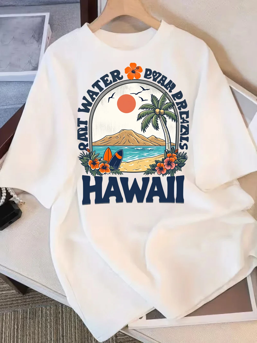 Happiness Comes in Waves Printing Men Women Clothes Fashion Loose Tops Creativity Casual T Shirt Pattern Loose Tshirts Couple