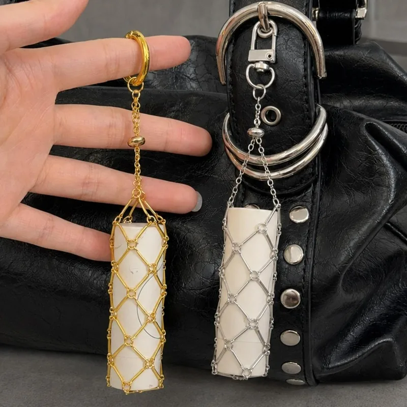 Portable Mesh Metal Net Bag for Women Universal Light Weight Golden Lipstick Cover Key Ring Makeup Storage Hollow Mesh Keychain