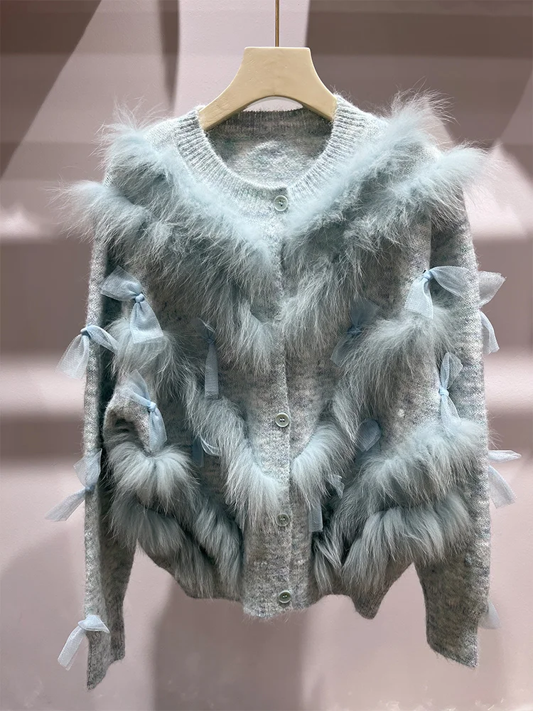 

2025 Fashion Women Fox Fur Decoration Sweater Spring Autumn Lady's Cardigan Natural Real Fox Fur Knitted Oversize Coat