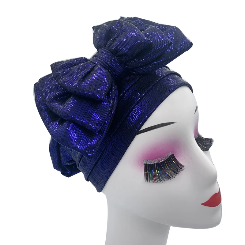 Shinning Multi-schicht Bowknot Turban Kappe für Frau Mode Afrikanische Headtie Nigeria Hochzeit Turbane Hut Muslim Headwrap Motorhaube – Detail 7