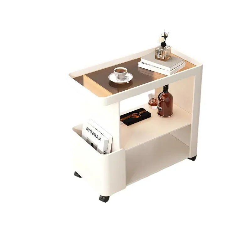 Movable coffee table, sofa side side side cabinet, metal glass trolley with wheels, snack rack, bedside cabinet