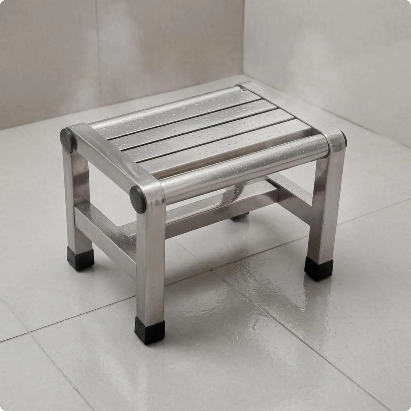 Metal Waterproof Bathroom Stool Low Profile Seat with Slatted Surface and Crossbar Support for Compact Spaces