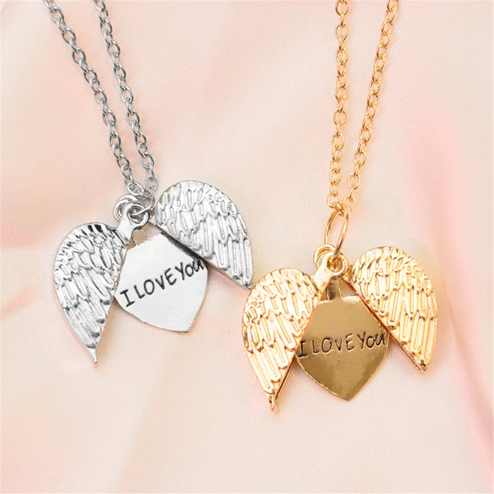 Trendy Heart Angel Wings Open Pendant Necklace Romantic 