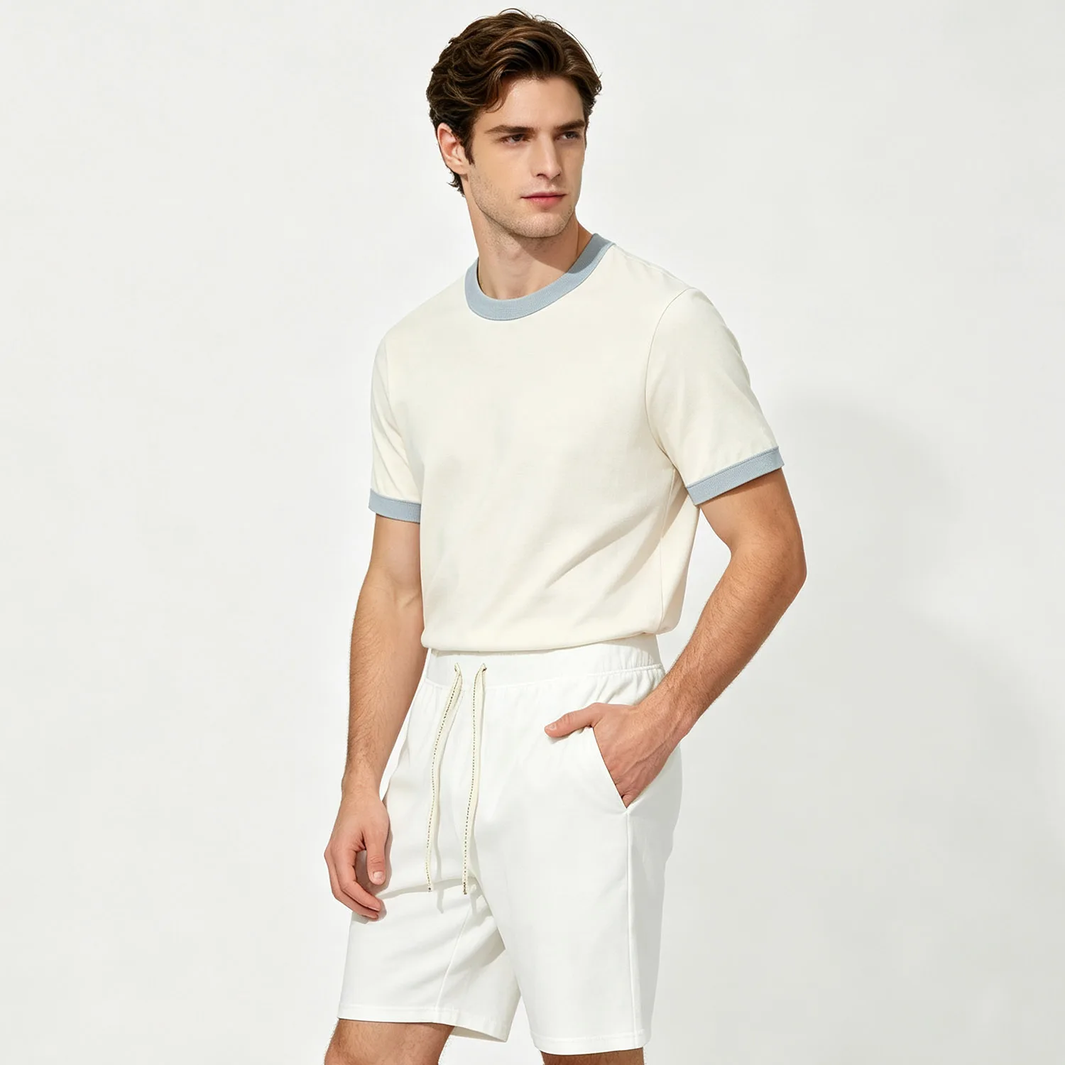 2Pcs Couple Matching Beach Tops Fashion Color Stitch O-Neck Soft Cotton Short Sleeve Comfort Daily