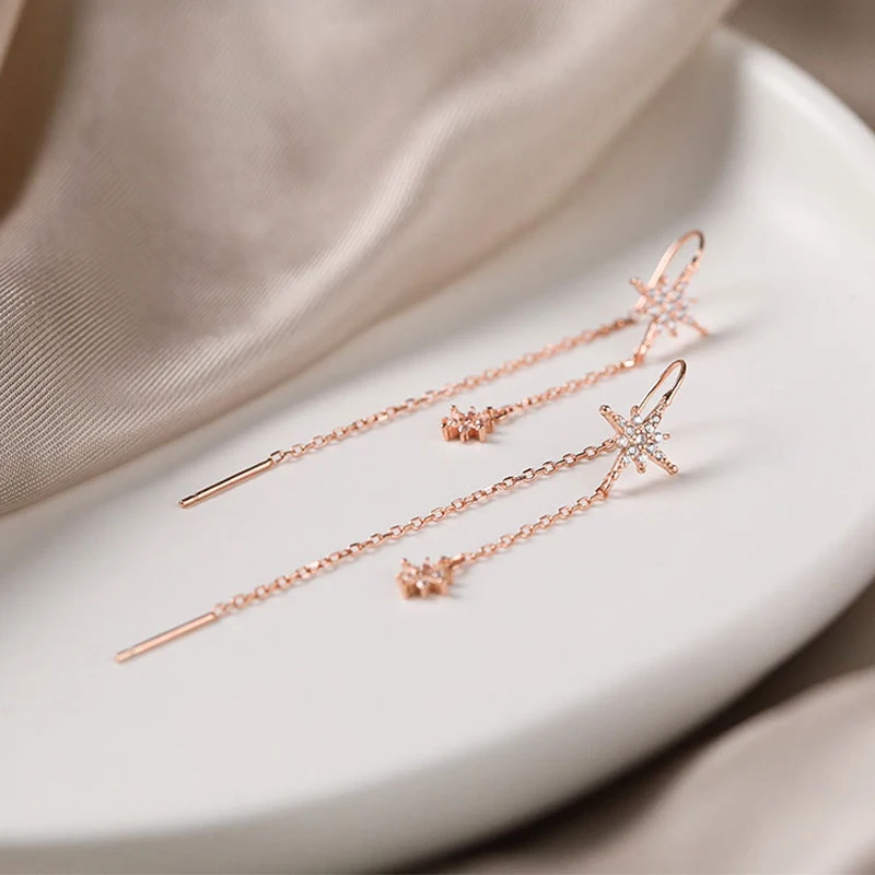 Long Tassel Octagonal Star Earrings 925 Sterling Silver Sparkling Star Temperament Ear Buckle Fashionable Jewelry Gift