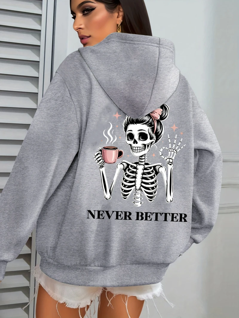 

Never Better Coffee Skulls с принтом женские толстовки с карманами осенняя толстовка Y2K универсальная мягкая уличная флисовая повседневная женская толстовка
