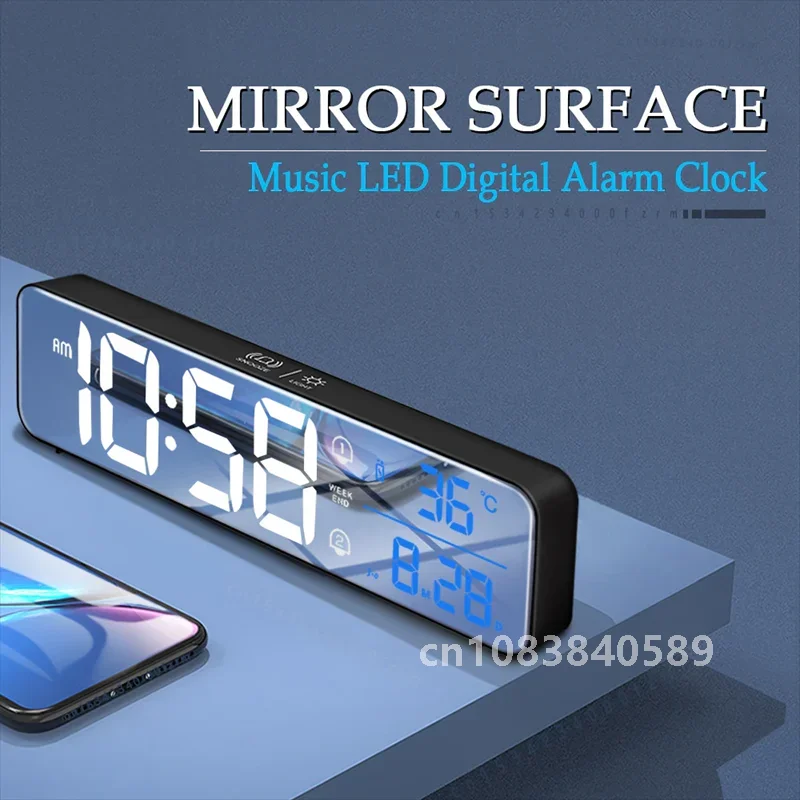 

Music LED Digital Alarm Clock Temperature Date Display Desktop Mirror Clocks Home Table Decoration Voice Control 2400mAh Battery