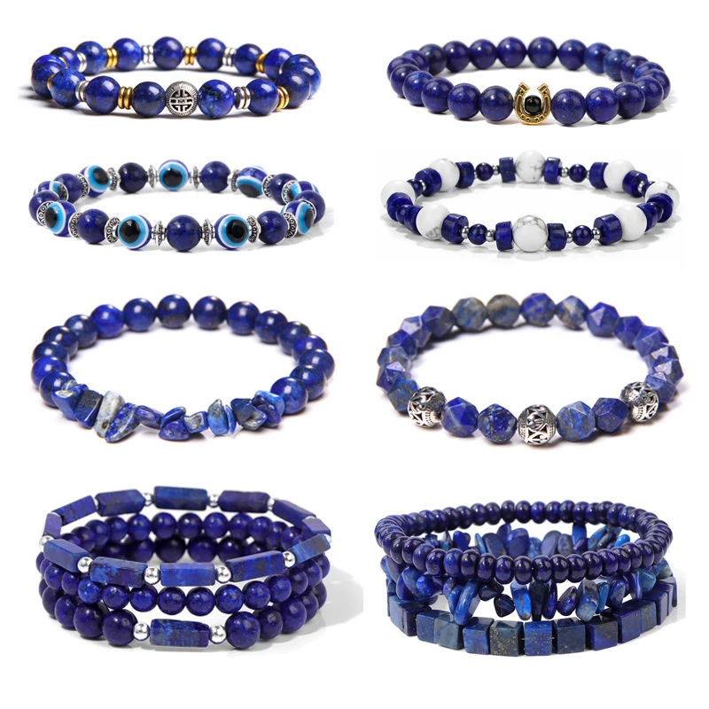 Natural Stone Lapis Lazuli Beads Bracelets Irregular Handmade Blue Beads Pendant Elastic Bracelets For Men Women Energy Jewelry