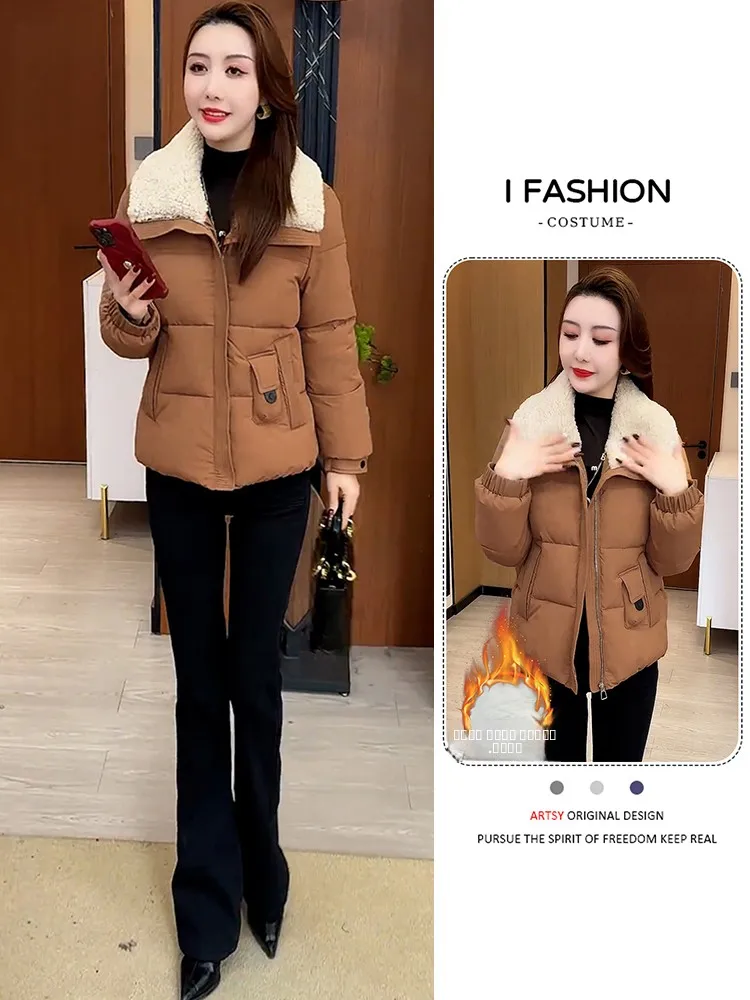 

Faionable Fce Lined Thiened Winter ort Jaet Women's Cotton down Coat Versatile Sle Korean Loose Fit Long Sve