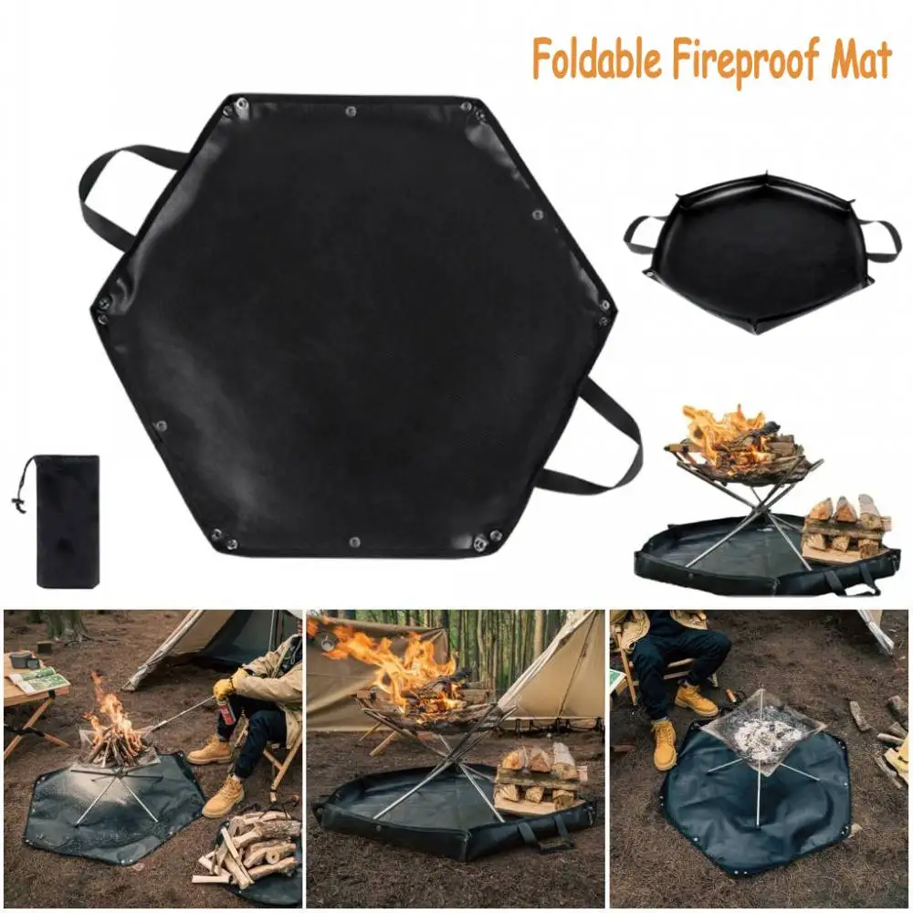 Fire Pit Fireproof Mat Hexagonal Foldable Firewood Bag Ember Mat Heat Resistant Fireproof Pad With Hanger Ear For Camping BBQ