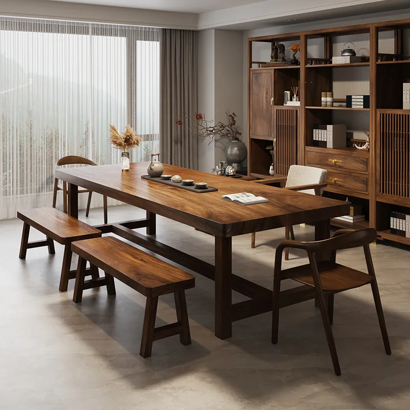 South American walnut tea table desk dual-purpose solid wood large board long table new Chinese zen living room home desk