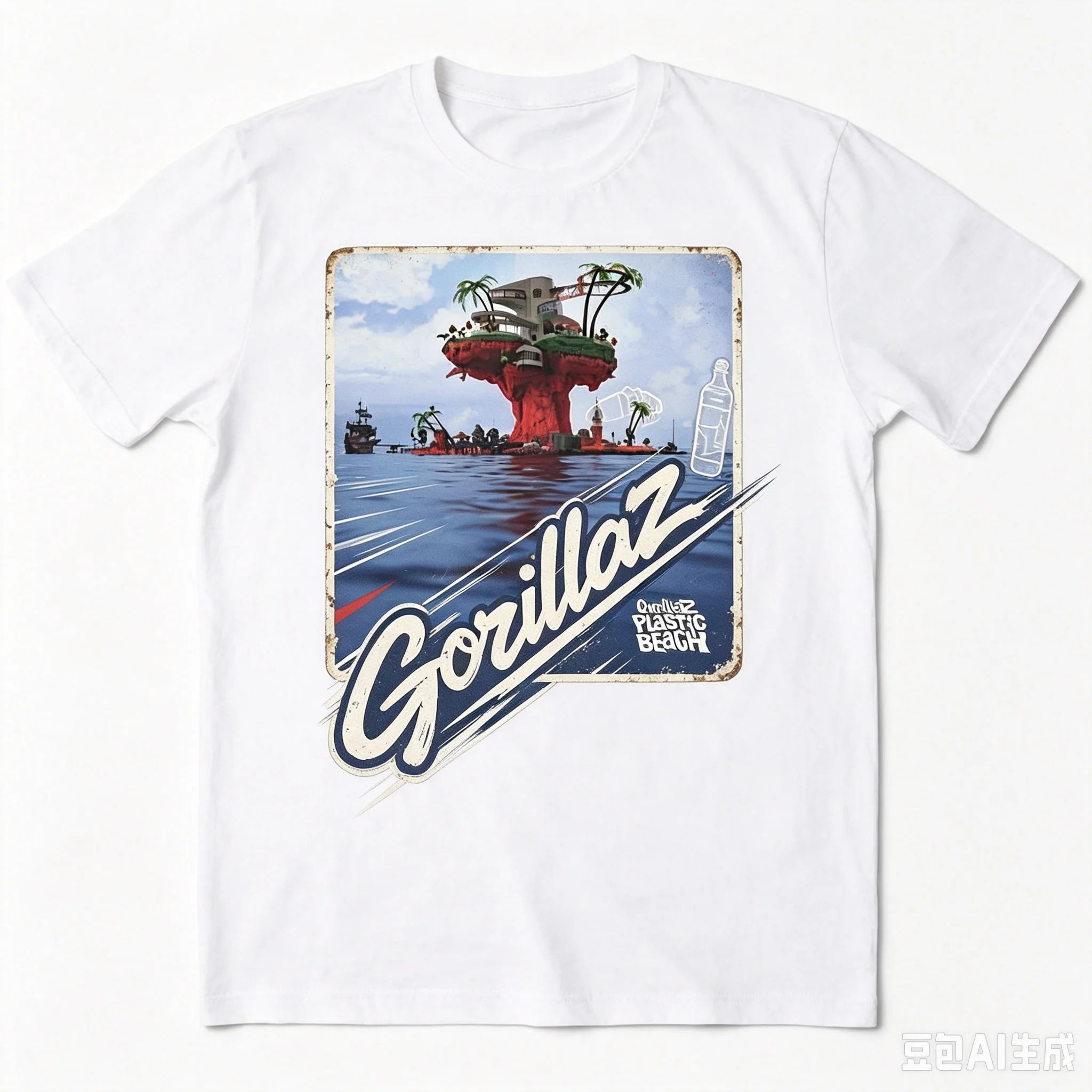 Men Rock Band T‑Shirt Gorillaz Plastic Beach Retro Distressed Album Cover Graphic Print Casual Crew Neck Tops