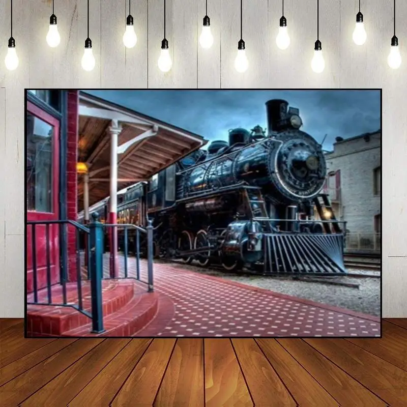 Old Steam Locomotive Background Party Birthday Decoration Train Railroad Track Photo Banner Custom Backdrop Vintage Station