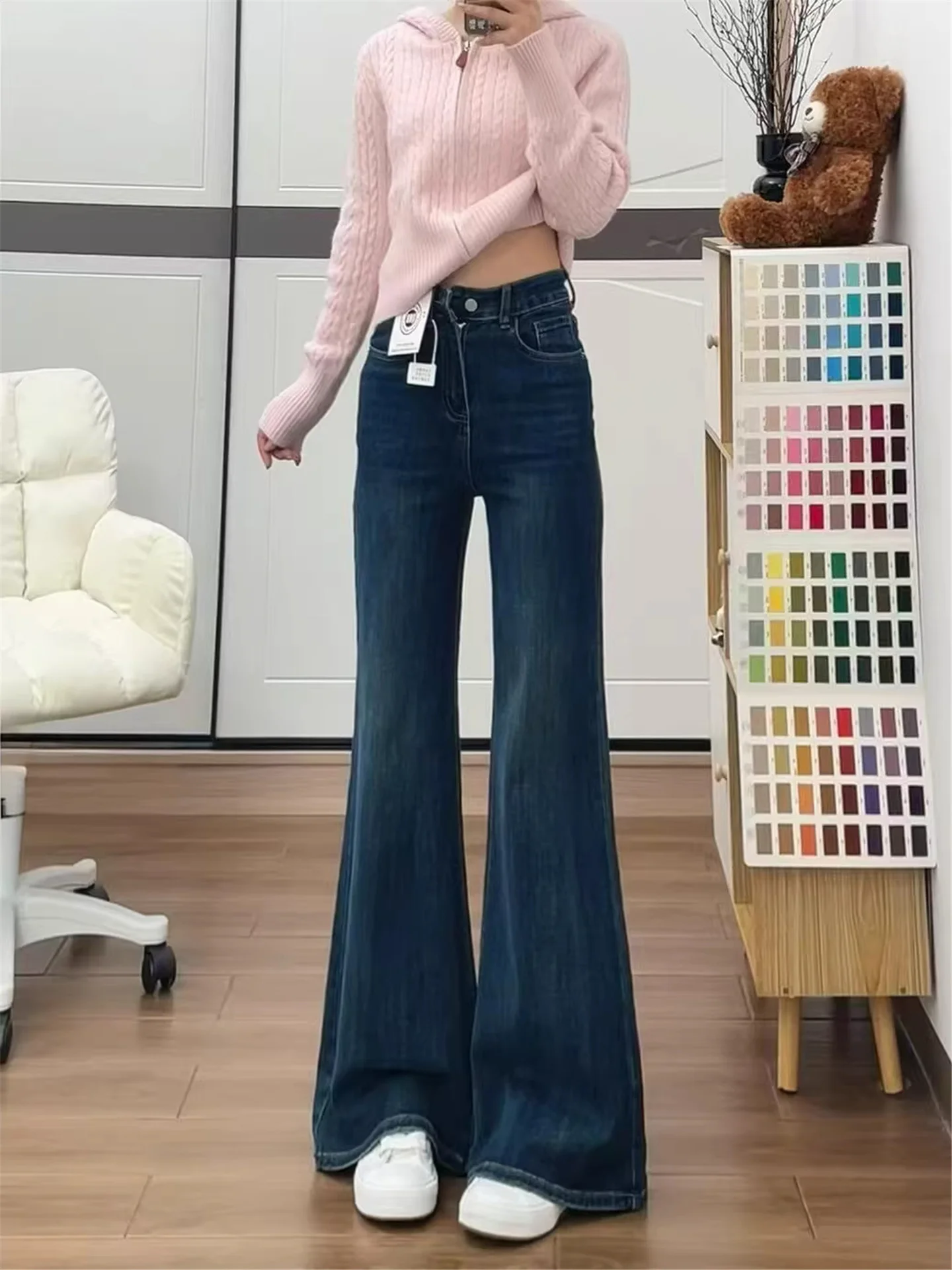 

Deep Blue High Waist Flared Jeans Women's Loose Drapey Tall Extended Casual Floor-Length Pants Spring Cotton Casual Jeans