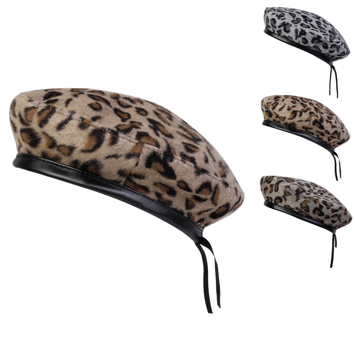 Unisex Fur Leopard Print Beret Men and Women Painters Hats A