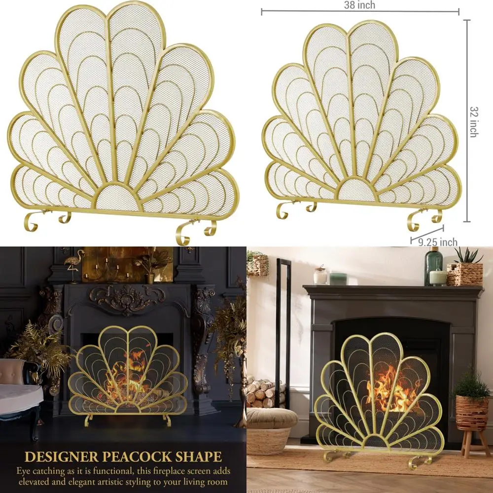 

Decorative Brass-Tone Metal Fireplace Screen, 38x32 Peacock Feather Design, Freestanding Mesh Fire Guard with Curved Legs