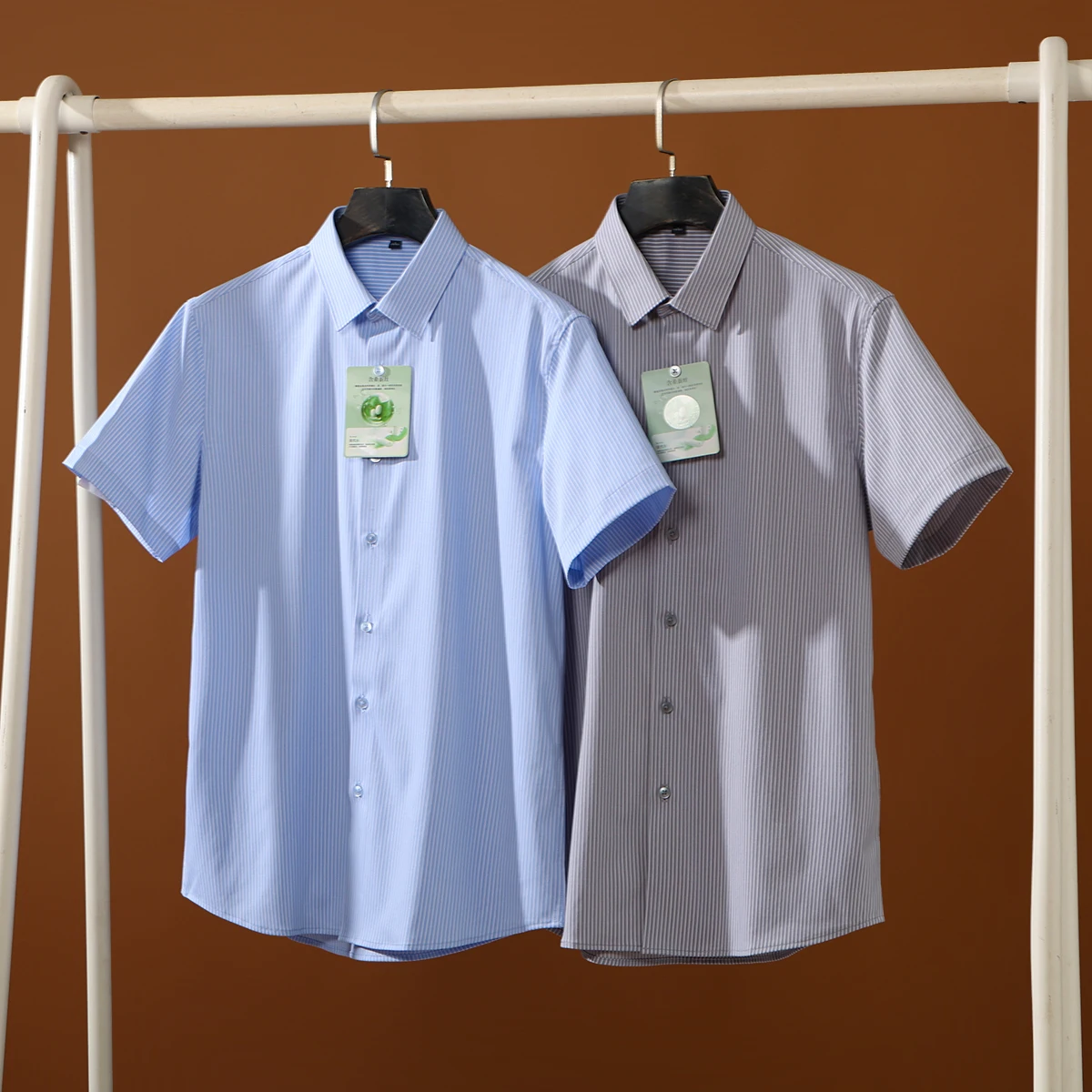 

Summer Men's Casual irt Stand Fit ort Sve Color Woven Modal Blend Silk Modal Fabric Striped Pattern Busin irt