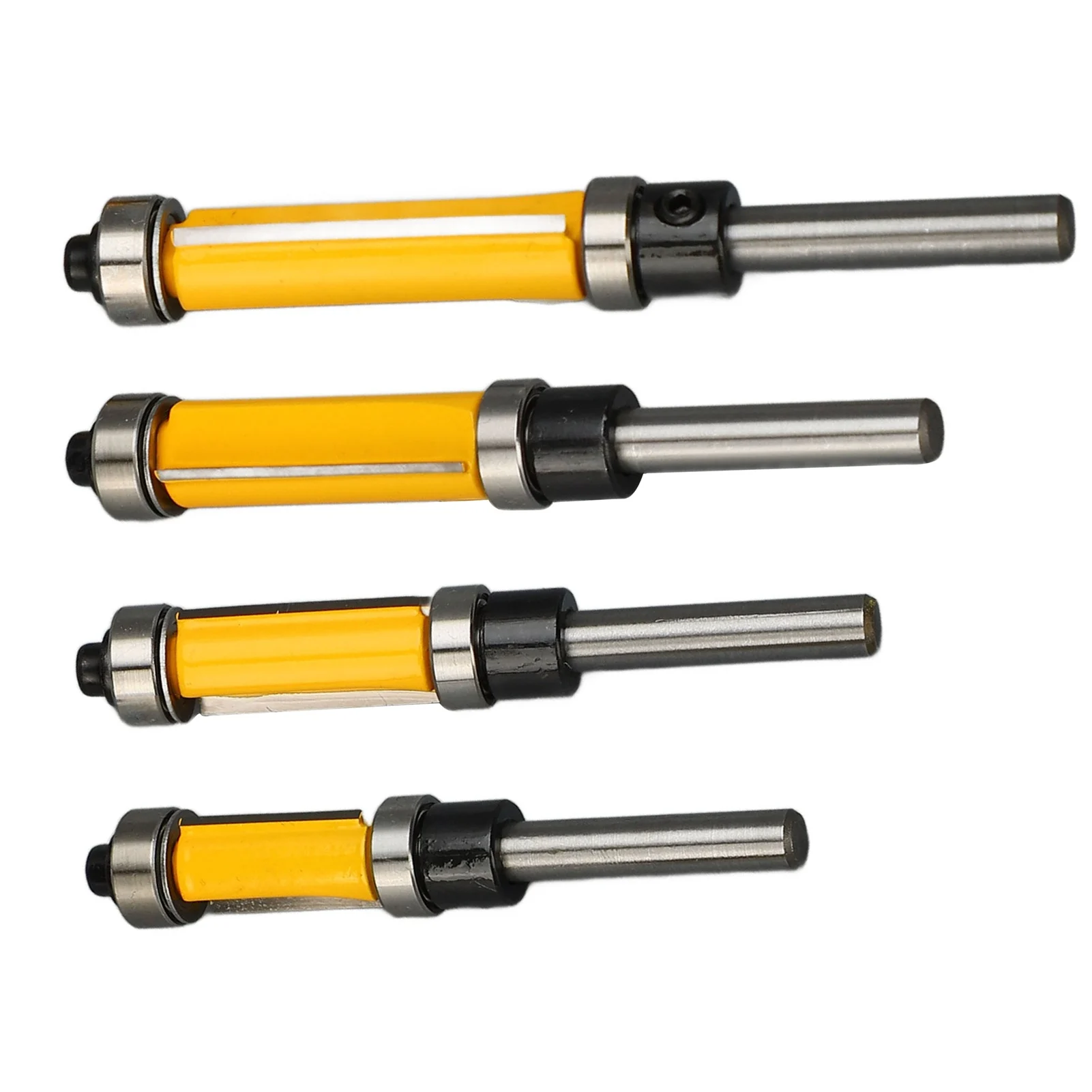 

4 шт. Набор фрез для обрезки заподлицо, 2 канавки, хвостовик 1/4 дюйма, диаметр выреза 1/2 дюйма, верхний и нижний подшипник, насадки для обрезки заподлицо