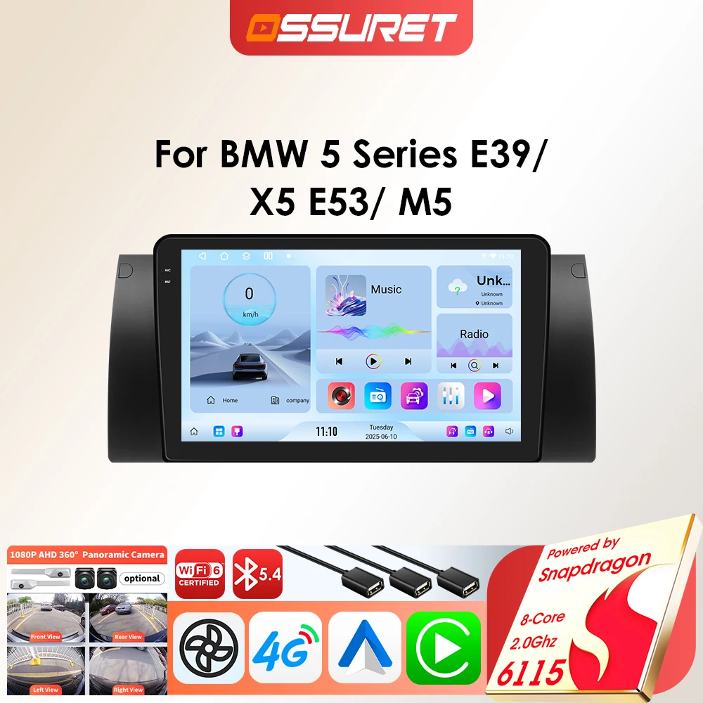 Image of OSSURET 6115 Autoradio Android für BMW 5 E39 E53 E38 X5 M5 1995 - 2001 Carplay Multimedia-Player Auto-GPS 2 DIN Audio 8-Kern 360-Grad-Kamera