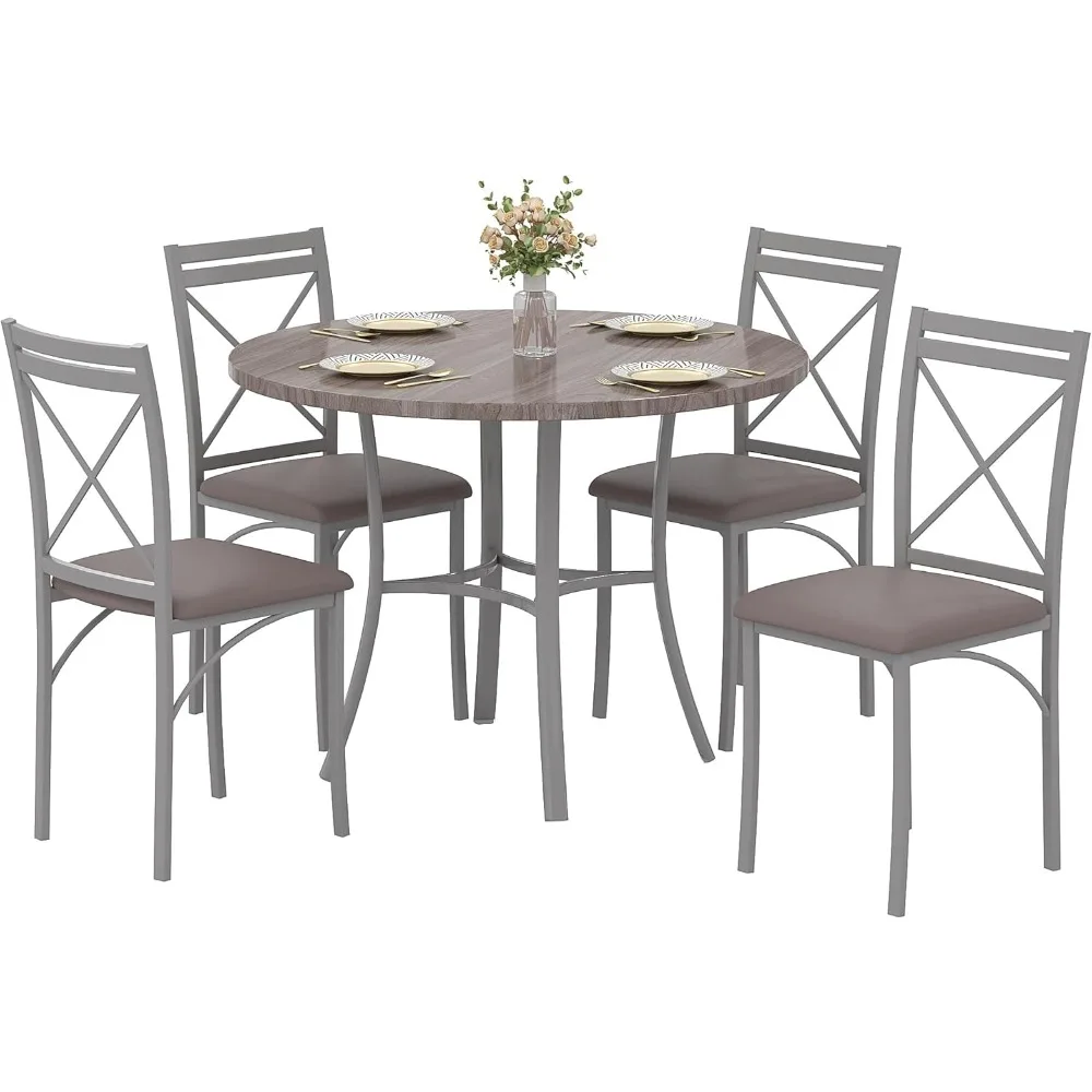 5 Piece Dining Table Set for 4, Wood Grain Dinette with Chairs for Kitchen, Breakfast Nook, Small Space, Elegant Grey