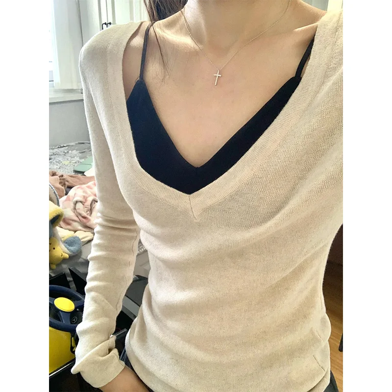 

Slim Fit V-Ne Long Sve Knitted Top Base Layer Women's Faion Spring Summer Unique Small ence Sun Protection Two Pie...